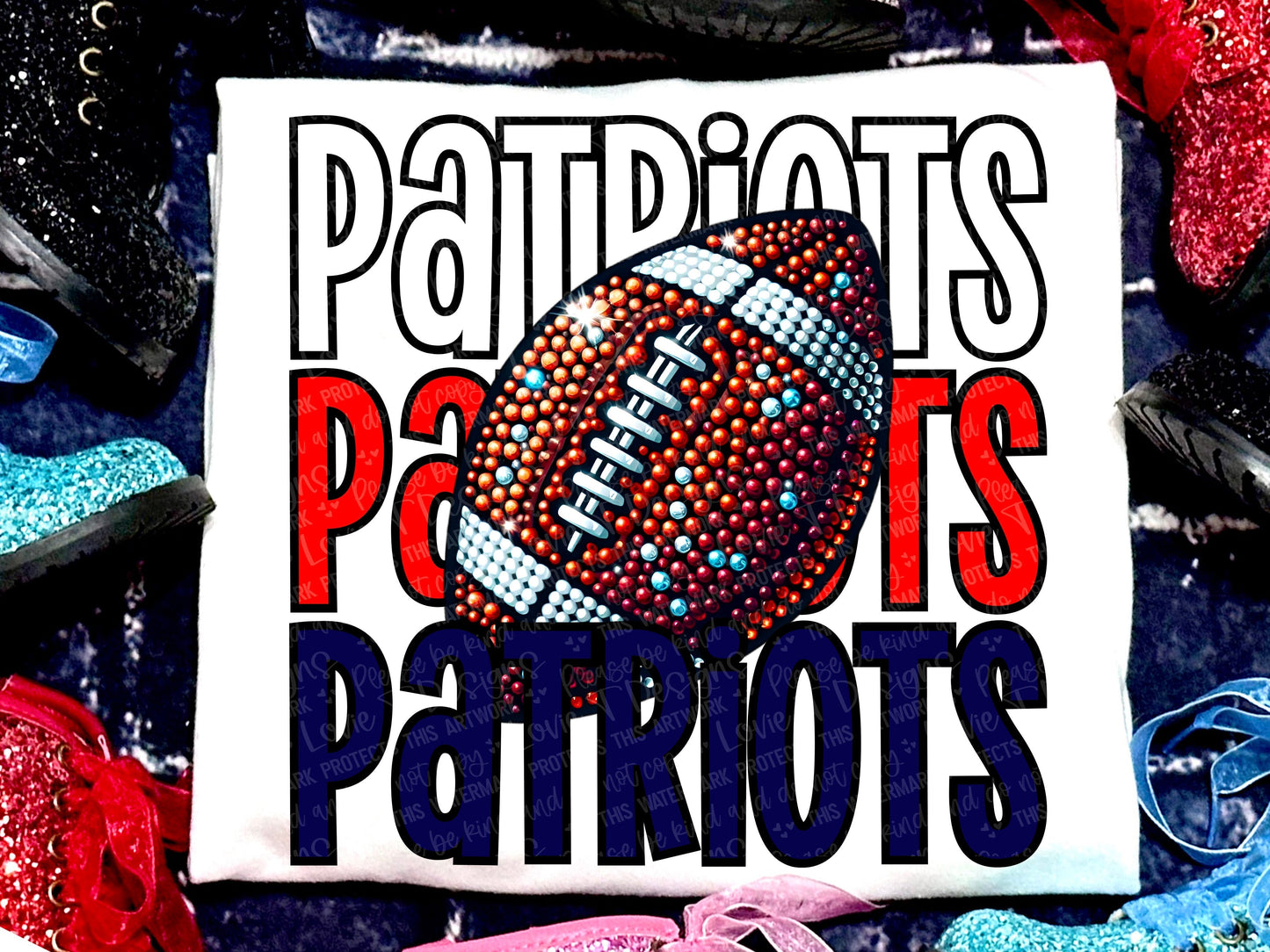 Patriots Football Faux Rhinestones Red Navy