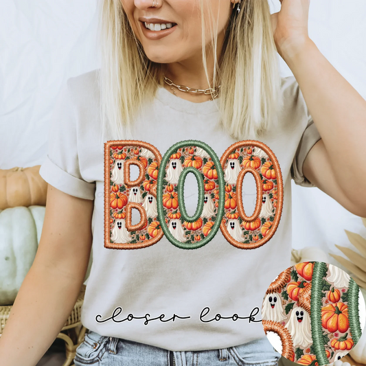 Boo Happy Ghost and Pumpkin Faux Embroidery Tee